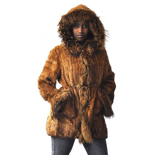 Winter Fur Ladies Whisky Genuine Knitted Mink 3/4 Coat With Raccoon Trimmings And Hood W09KQ03
